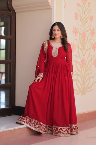 Maroon Designer Faux Georgette Gown with Zari & Sequins Embroidery and Embroidered Dupatta – Luxury Ethnic Set ClothsVilla