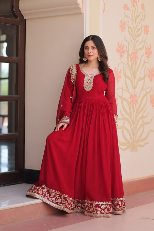 Maroon Designer Faux Georgette Gown with Zari & Sequins Embroidery and Embroidered Dupatta – Luxury Ethnic Set ClothsVilla