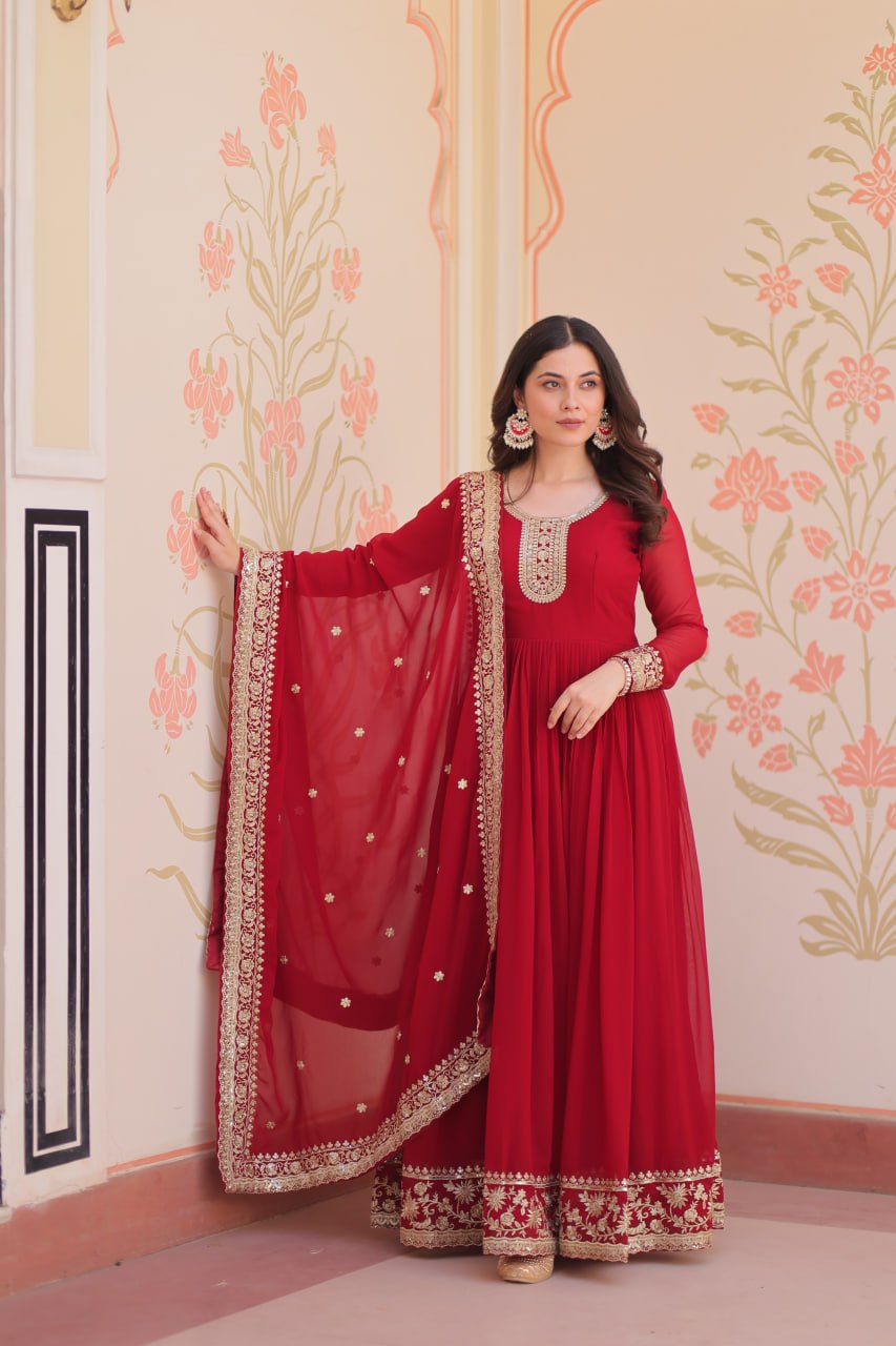 Maroon Designer Faux Georgette Gown with Zari & Sequins Embroidery and Embroidered Dupatta – Luxury Ethnic Set ClothsVilla