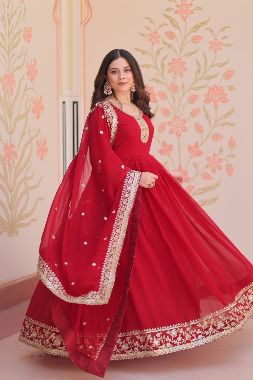 Maroon Designer Faux Georgette Gown with Zari & Sequins Embroidery and Embroidered Dupatta – Luxury Ethnic Set ClothsVilla
