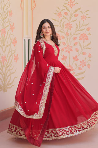 Maroon Designer Faux Georgette Gown with Zari & Sequins Embroidery and Embroidered Dupatta – Luxury Ethnic Set ClothsVilla