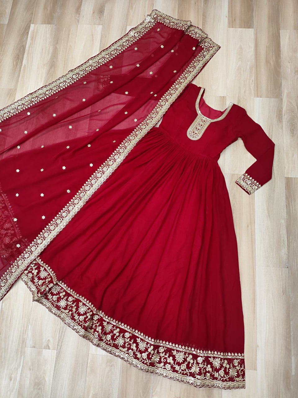 Maroon Designer Faux Georgette Gown with Zari & Sequins Embroidery and Embroidered Dupatta – Luxury Ethnic Set ClothsVilla