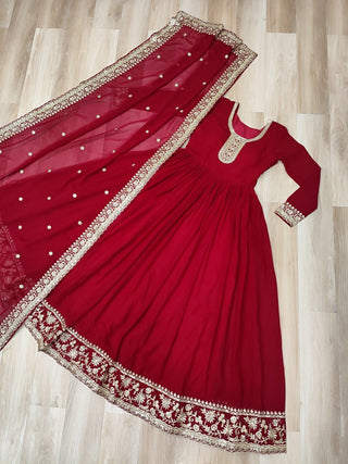 Maroon Designer Faux Georgette Gown with Zari & Sequins Embroidery and Embroidered Dupatta – Luxury Ethnic Set ClothsVilla