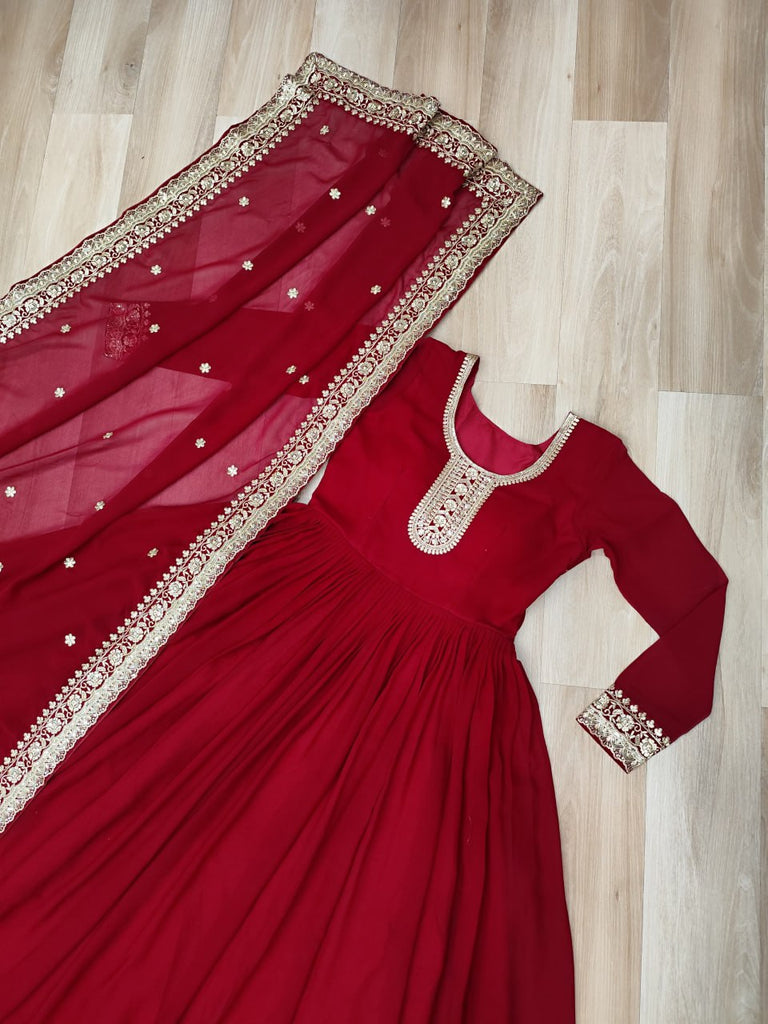 Maroon Designer Faux Georgette Gown with Zari & Sequins Embroidery and Embroidered Dupatta – Luxury Ethnic Set ClothsVilla