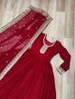 Load image into Gallery viewer, Maroon Designer Faux Georgette Gown with Zari &amp; Sequins Embroidery and Embroidered Dupatta – Luxury Ethnic Set ClothsVilla