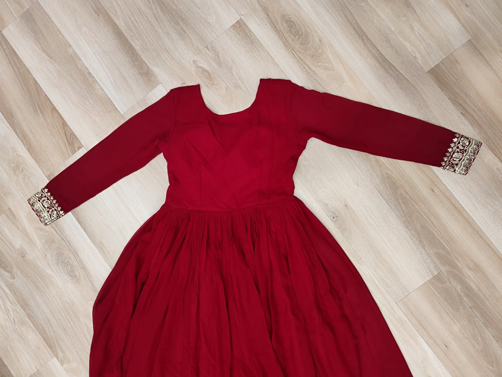 Maroon Designer Faux Georgette Gown with Zari & Sequins Embroidery and Embroidered Dupatta – Luxury Ethnic Set ClothsVilla