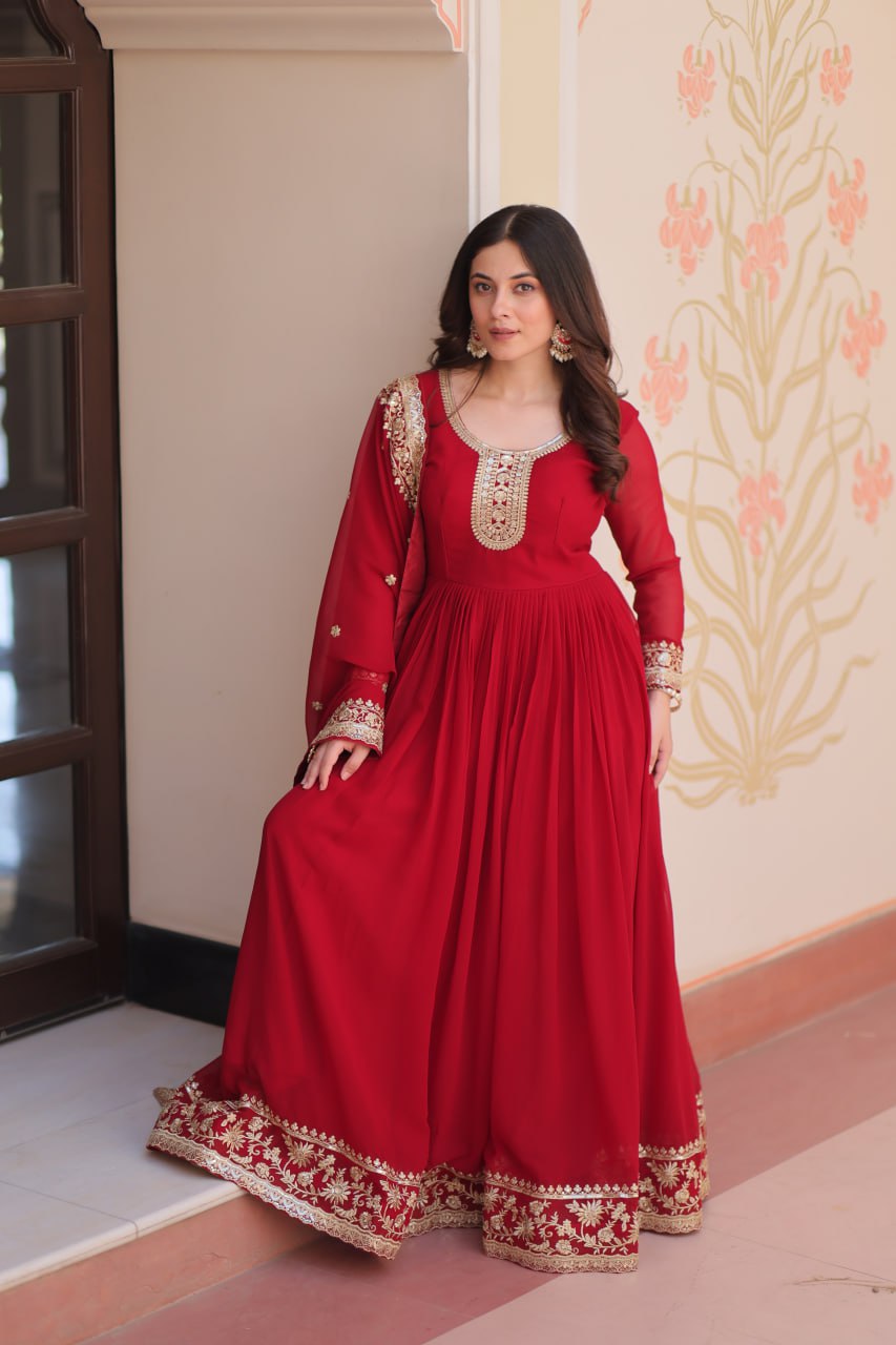 Maroon Designer Faux Georgette Gown with Zari & Sequins Embroidery and Embroidered Dupatta – Luxury Ethnic Set ClothsVilla