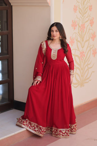 Maroon Designer Faux Georgette Gown with Zari & Sequins Embroidery and Embroidered Dupatta – Luxury Ethnic Set ClothsVilla