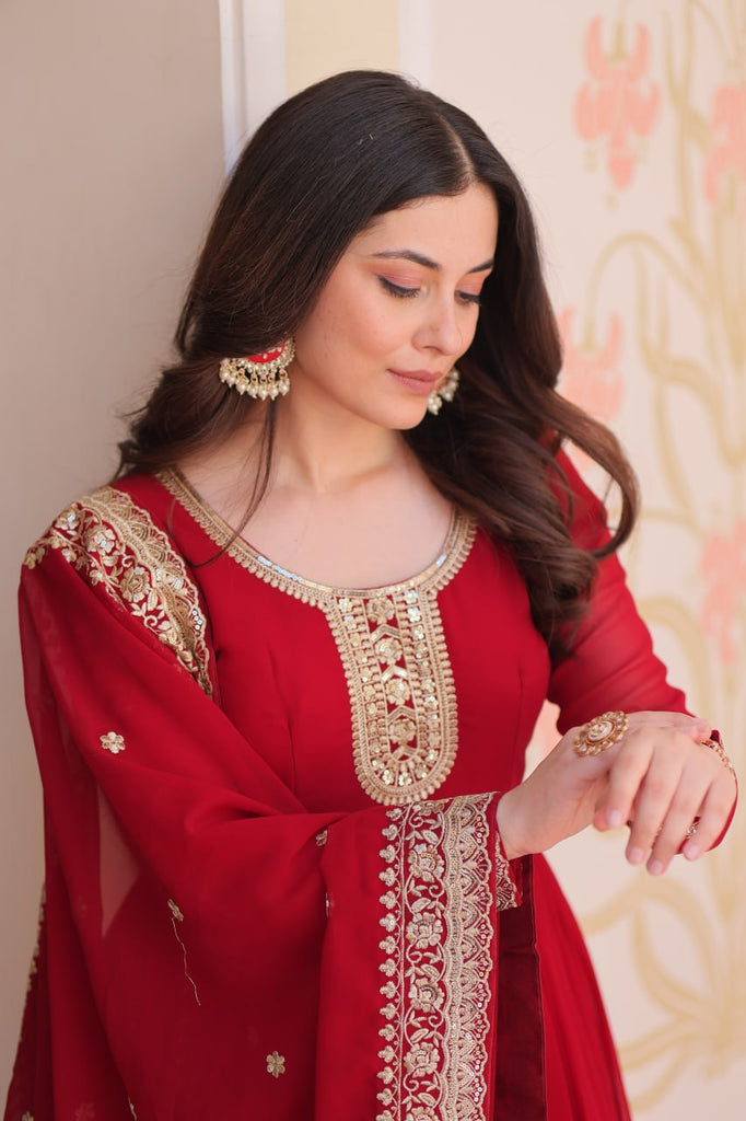 Maroon Designer Faux Georgette Gown with Zari & Sequins Embroidery and Embroidered Dupatta – Luxury Ethnic Set ClothsVilla