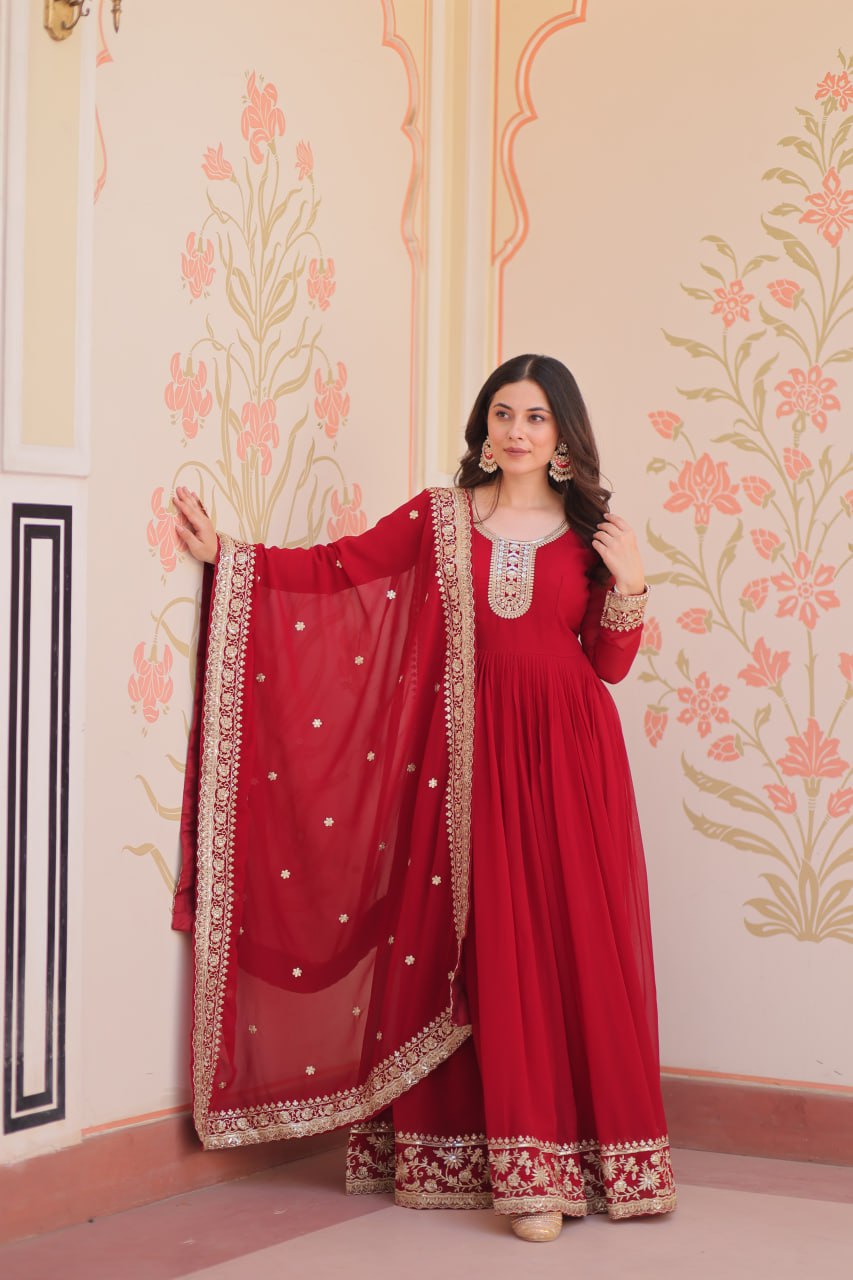 Maroon Designer Faux Georgette Gown with Zari & Sequins Embroidery and Embroidered Dupatta – Luxury Ethnic Set ClothsVilla