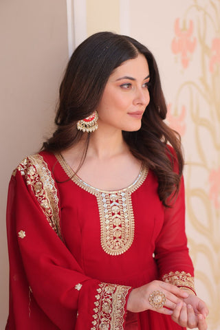 Maroon Designer Faux Georgette Gown with Zari & Sequins Embroidery and Embroidered Dupatta – Luxury Ethnic Set ClothsVilla