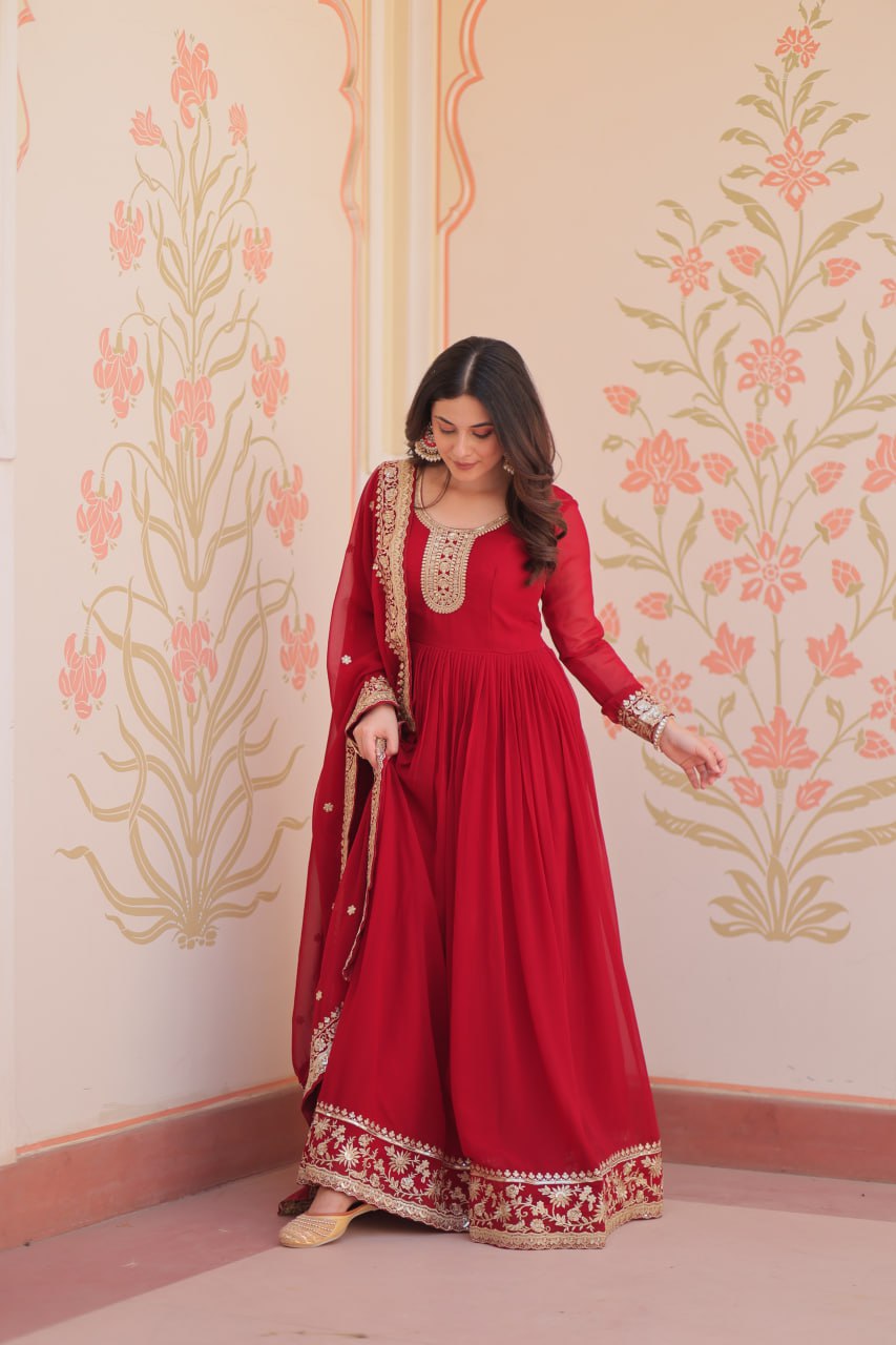 Maroon Designer Faux Georgette Gown with Zari & Sequins Embroidery and Embroidered Dupatta – Luxury Ethnic Set ClothsVilla