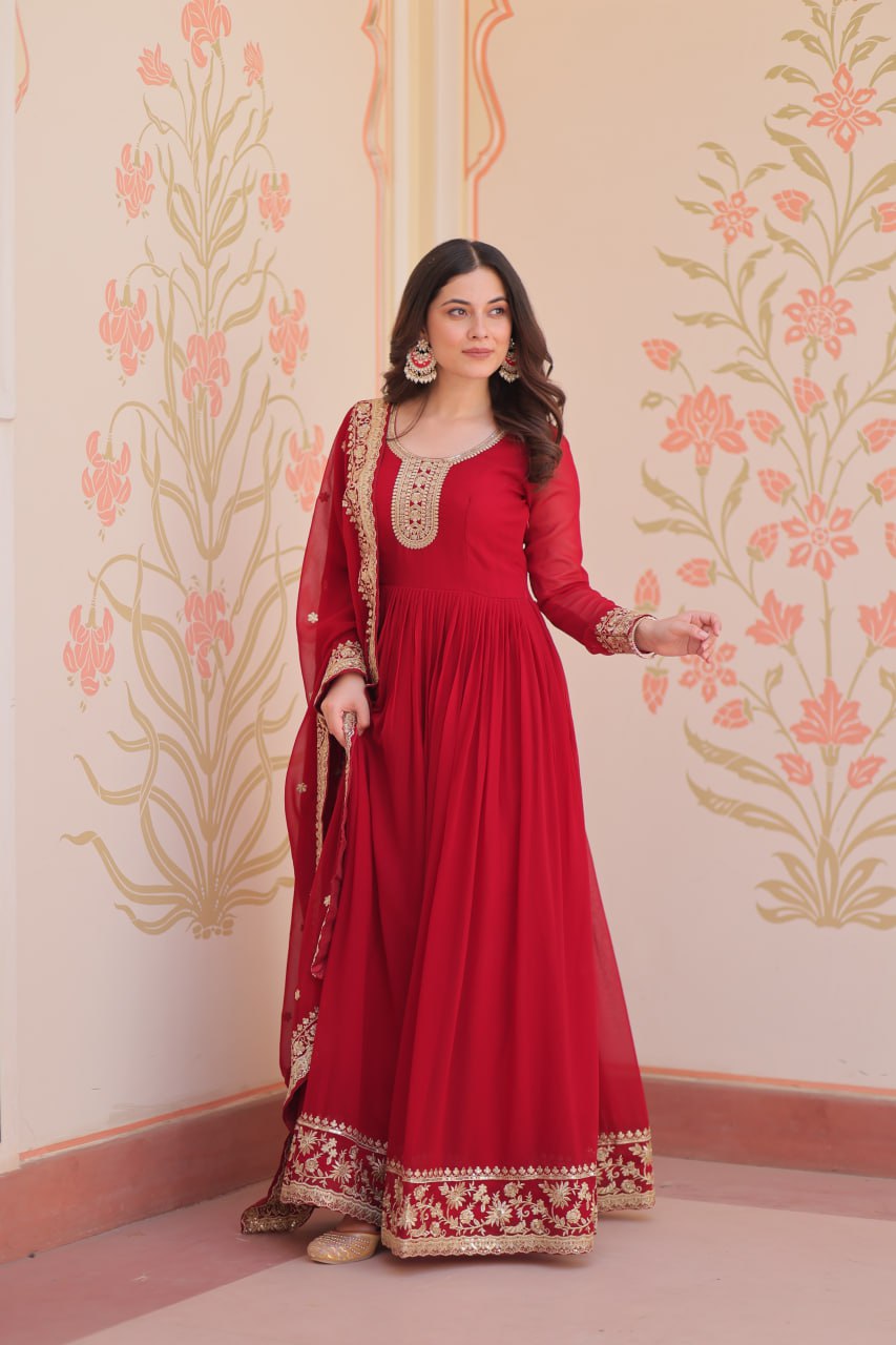 Maroon Designer Faux Georgette Gown with Zari & Sequins Embroidery and Embroidered Dupatta – Luxury Ethnic Set ClothsVilla