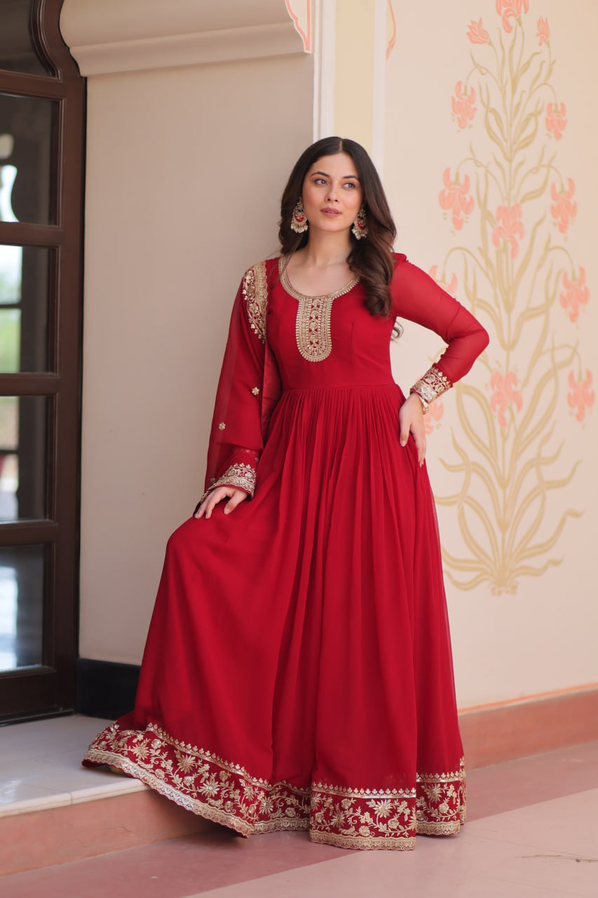 Maroon Designer Faux Georgette Gown with Zari & Sequins Embroidery and Embroidered Dupatta – Luxury Ethnic Set ClothsVilla