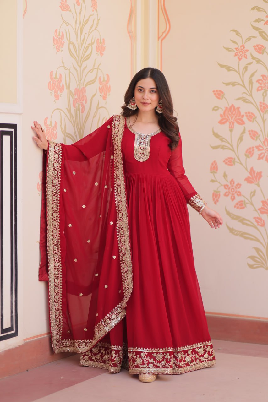 Maroon Designer Faux Georgette Gown with Zari & Sequins Embroidery and Embroidered Dupatta – Luxury Ethnic Set ClothsVilla