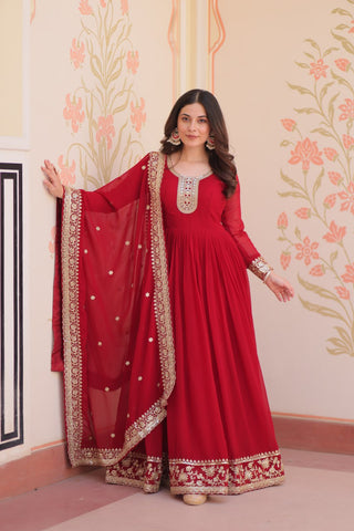 Maroon Designer Faux Georgette Gown with Zari & Sequins Embroidery and Embroidered Dupatta – Luxury Ethnic Set ClothsVilla