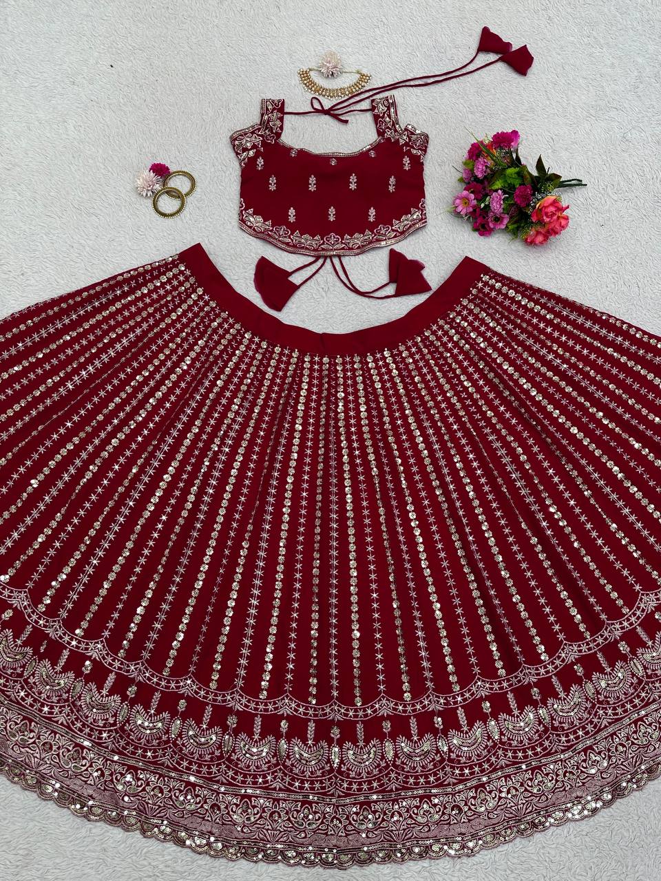 Maroon Designer Faux Georgette Lehenga Choli Set Semi-Stitched Thread & Sequin Work ClothsVilla