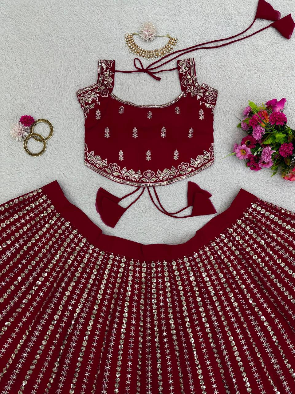 Maroon Designer Faux Georgette Lehenga Choli Set Semi-Stitched Thread & Sequin Work ClothsVilla