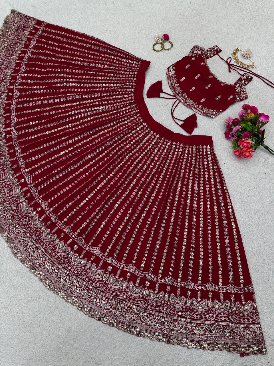 Maroon Designer Faux Georgette Lehenga Choli Set Semi-Stitched Thread & Sequin Work ClothsVilla