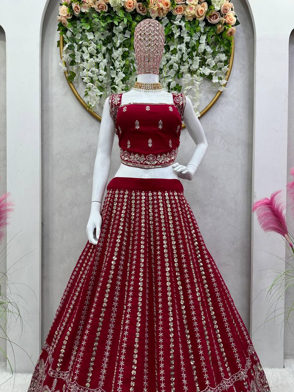 Maroon Designer Faux Georgette Lehenga Choli Set Semi-Stitched Thread & Sequin Work ClothsVilla