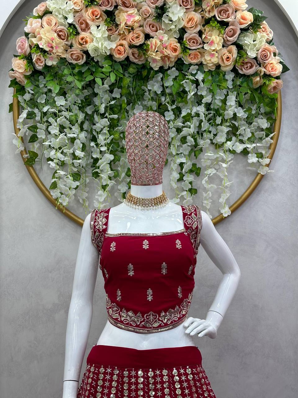 Maroon Designer Faux Georgette Lehenga Choli Set Semi-Stitched Thread & Sequin Work ClothsVilla