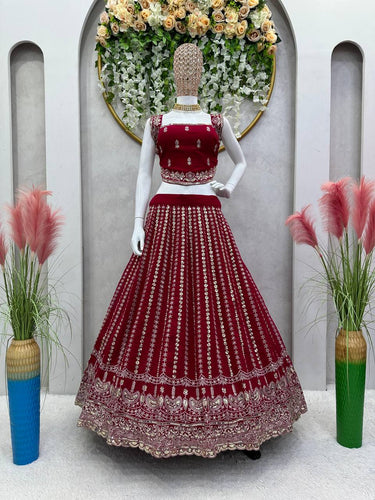 Maroon Designer Faux Georgette Lehenga Choli Set Semi-Stitched Thread & Sequin Work ClothsVilla
