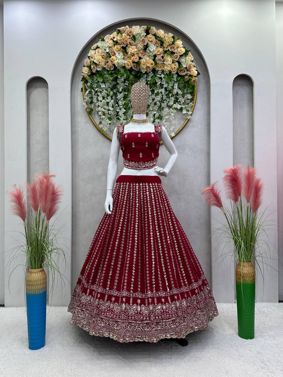 Maroon Designer Faux Georgette Lehenga Choli Set Semi-Stitched Thread & Sequin Work ClothsVilla