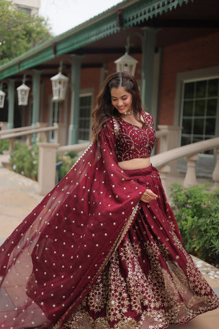 Maroon Designer Lehenga Choli with Dupatta – Rangoli Silk, Sequins, and Thread Embroidery ClothsVilla