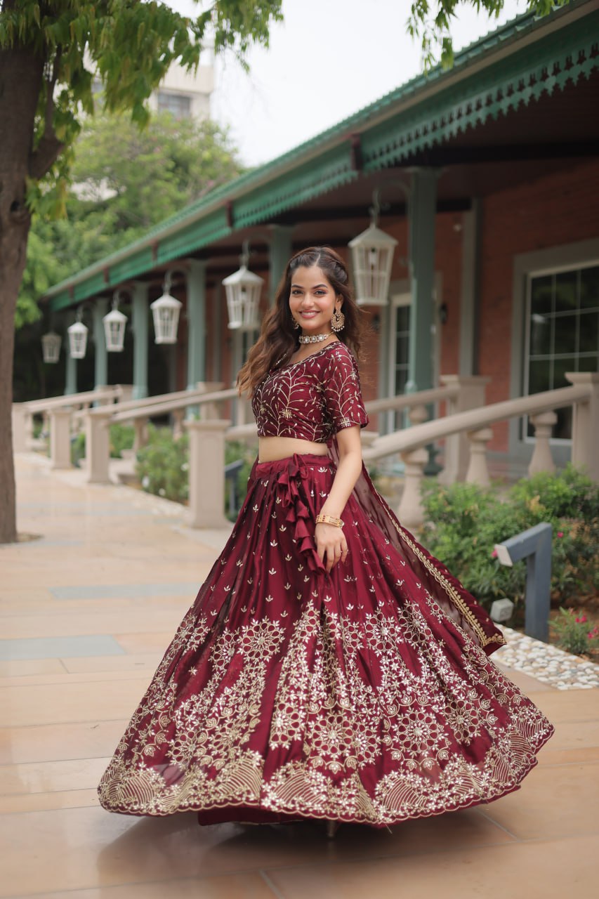 Maroon Designer Lehenga Choli with Dupatta – Rangoli Silk, Sequins, and Thread Embroidery ClothsVilla