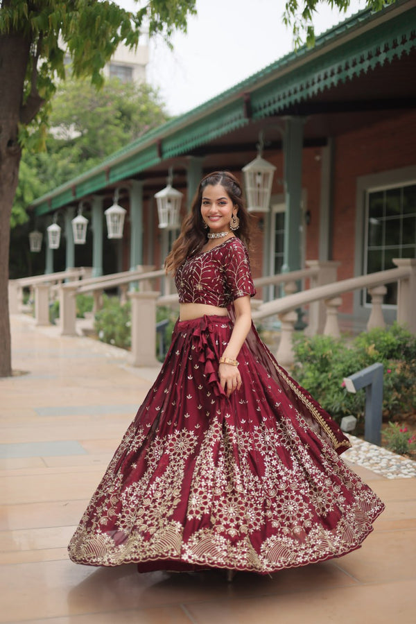 Maroon Designer Lehenga Choli with Dupatta – Rangoli Silk, Sequins, and Thread Embroidery ClothsVilla
