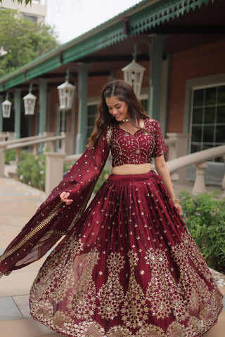 Maroon Designer Lehenga Choli with Dupatta – Rangoli Silk, Sequins, and Thread Embroidery ClothsVilla