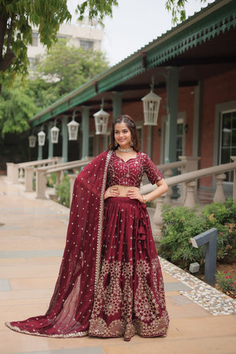 Maroon Designer Lehenga Choli with Dupatta – Rangoli Silk, Sequins, and Thread Embroidery ClothsVilla