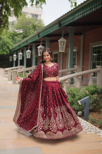 Maroon Designer Lehenga Choli with Dupatta – Rangoli Silk, Sequins, and Thread Embroidery ClothsVilla