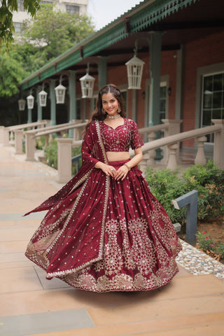 Maroon Designer Lehenga Choli with Dupatta – Rangoli Silk, Sequins, and Thread Embroidery ClothsVilla