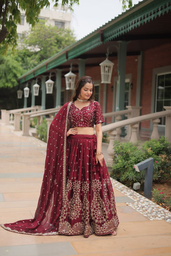 Maroon Designer Lehenga Choli with Dupatta – Rangoli Silk, Sequins, and Thread Embroidery ClothsVilla