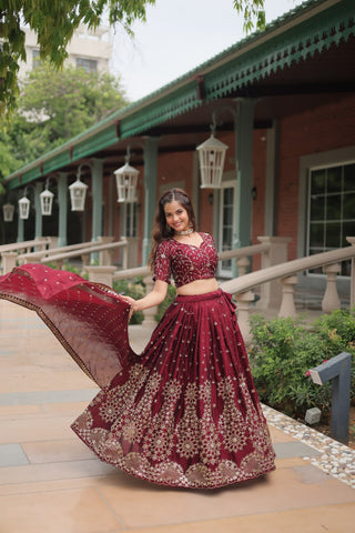 Maroon Designer Lehenga Choli with Dupatta – Rangoli Silk, Sequins, and Thread Embroidery ClothsVilla