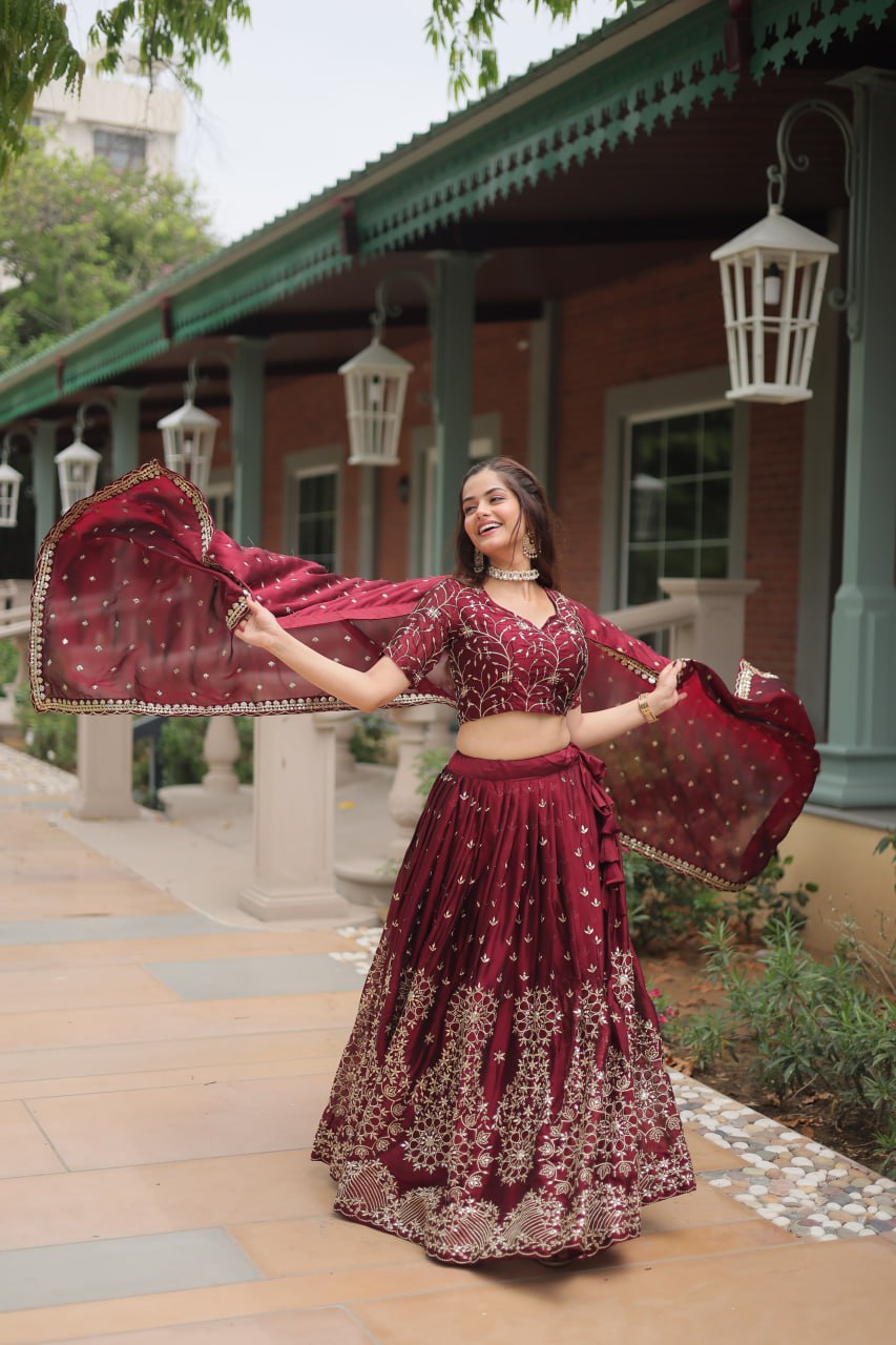 Maroon Designer Lehenga Choli with Dupatta – Rangoli Silk, Sequins, and Thread Embroidery ClothsVilla