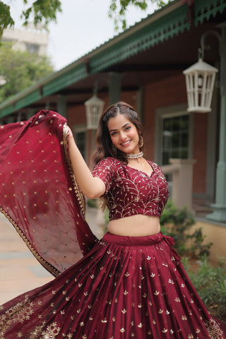 Maroon Designer Lehenga Choli with Dupatta – Rangoli Silk, Sequins, and Thread Embroidery ClothsVilla