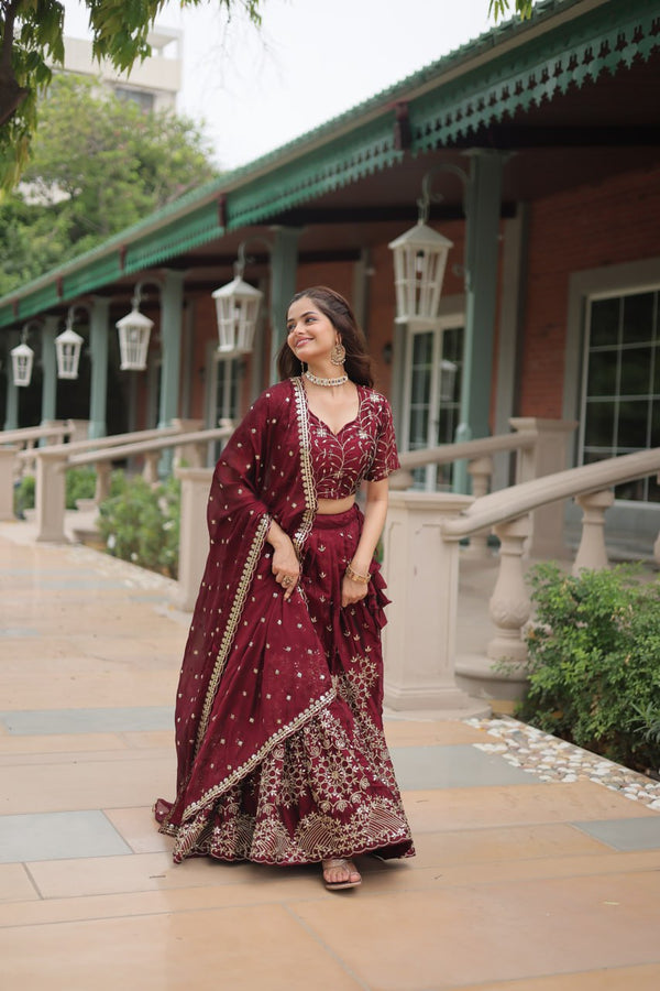 Maroon Designer Lehenga Choli with Dupatta – Rangoli Silk, Sequins, and Thread Embroidery ClothsVilla