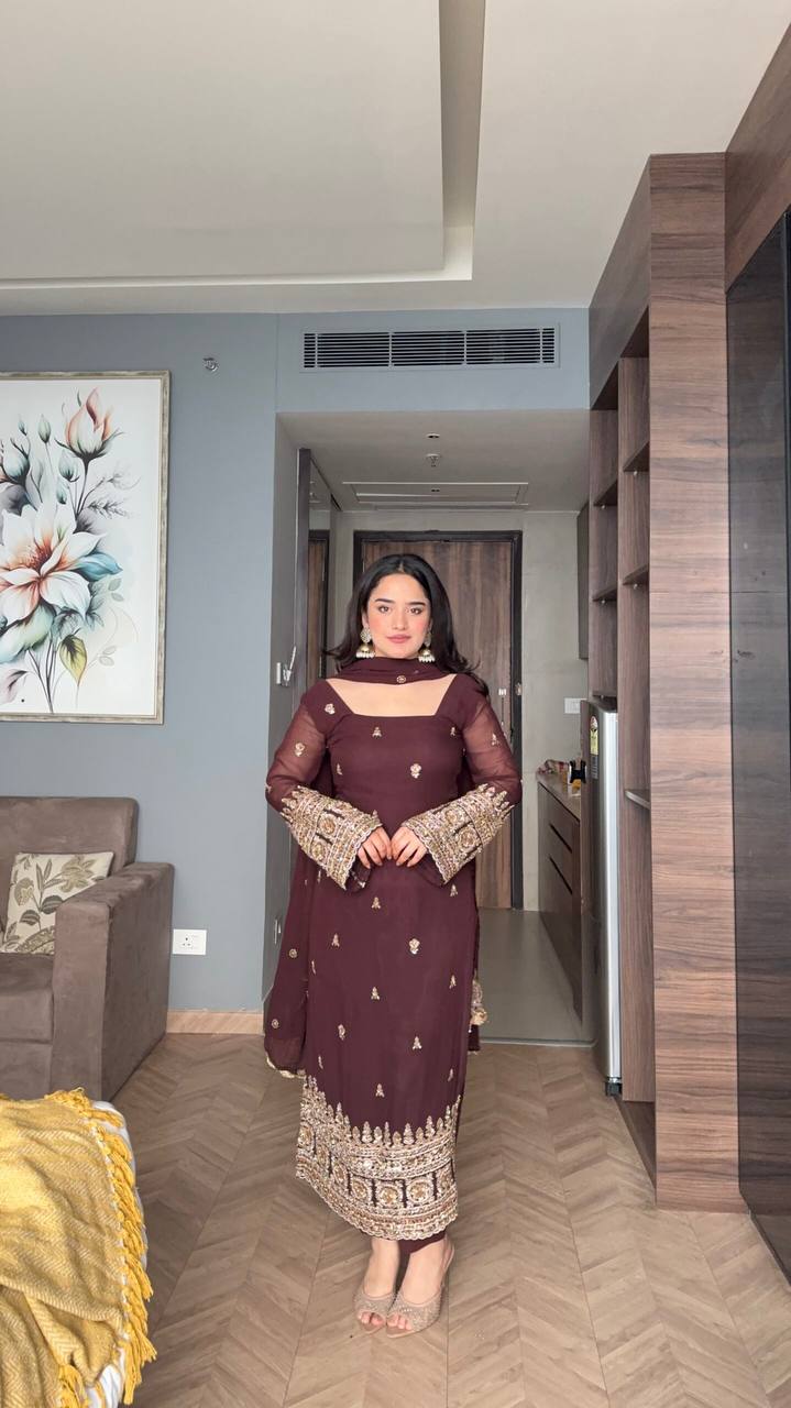 Maroon Designer Luxury Faux Blooming Suit Set with Heavy Sequins & Cording Zari Embroidery, Matching Pants and Embroidered Dupatta ClothsVilla