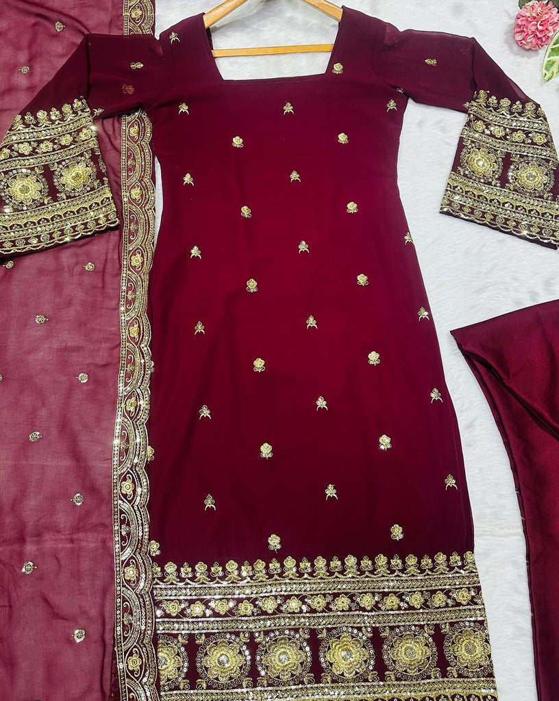 Maroon Designer Luxury Faux Blooming Suit Set with Heavy Sequins & Cording Zari Embroidery, Matching Pants and Embroidered Dupatta ClothsVilla