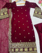Load image into Gallery viewer, Maroon Designer Luxury Faux Blooming Suit Set with Heavy Sequins &amp; Cording Zari Embroidery, Matching Pants and Embroidered Dupatta ClothsVilla
