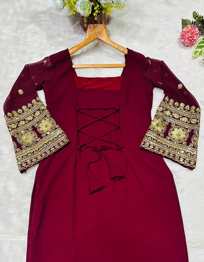 Maroon Designer Luxury Faux Blooming Suit Set with Heavy Sequins & Cording Zari Embroidery, Matching Pants and Embroidered Dupatta ClothsVilla