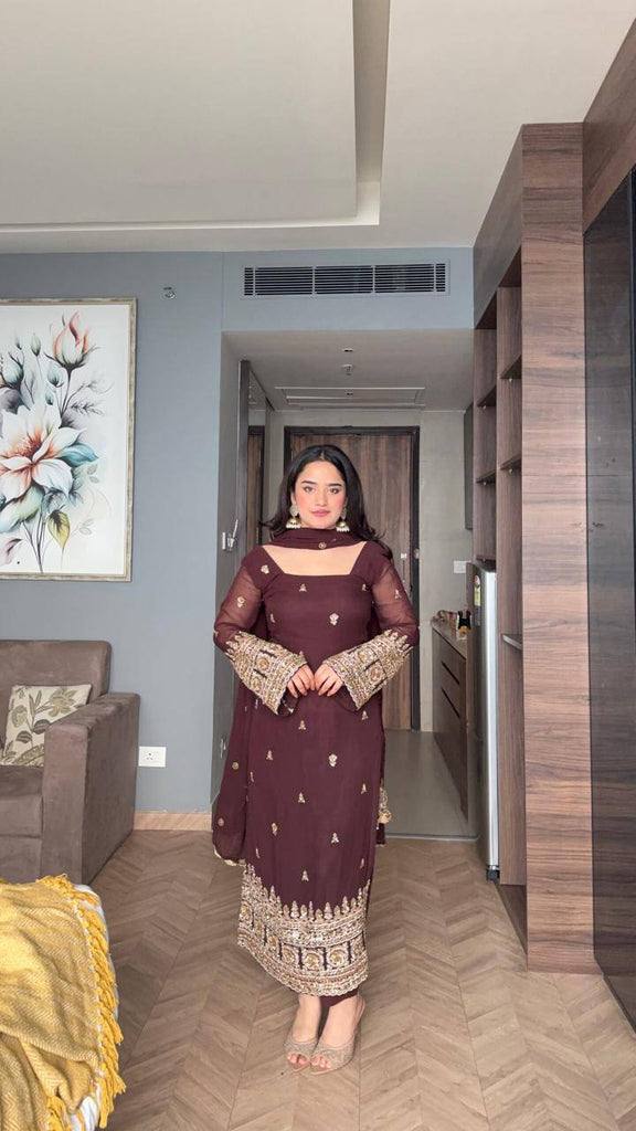 Maroon Designer Luxury Faux Blooming Suit Set with Heavy Sequins & Cording Zari Embroidery, Matching Pants and Embroidered Dupatta ClothsVilla