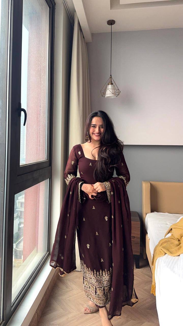 Maroon Designer Luxury Faux Blooming Suit Set with Heavy Sequins & Cording Zari Embroidery, Matching Pants and Embroidered Dupatta ClothsVilla