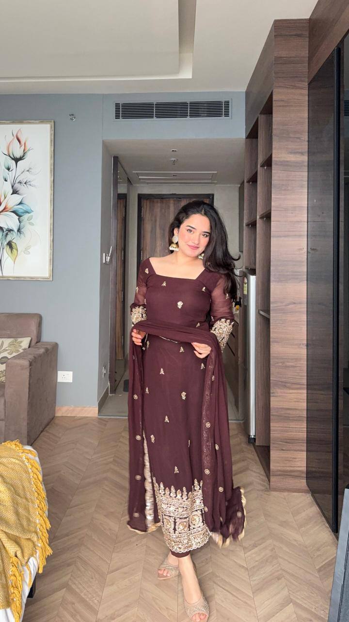 Maroon Designer Luxury Faux Blooming Suit Set with Heavy Sequins & Cording Zari Embroidery, Matching Pants and Embroidered Dupatta ClothsVilla