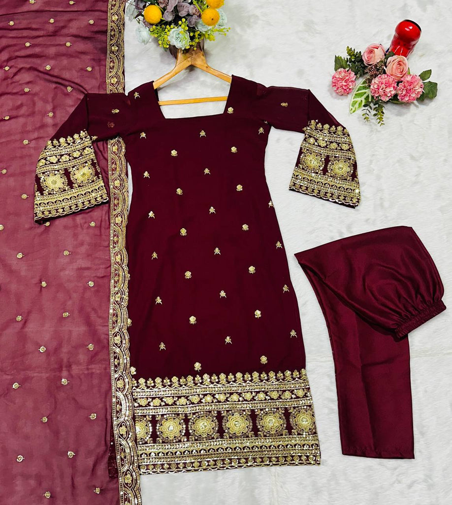 Maroon Designer Luxury Faux Blooming Suit Set with Heavy Sequins & Cording Zari Embroidery, Matching Pants and Embroidered Dupatta ClothsVilla