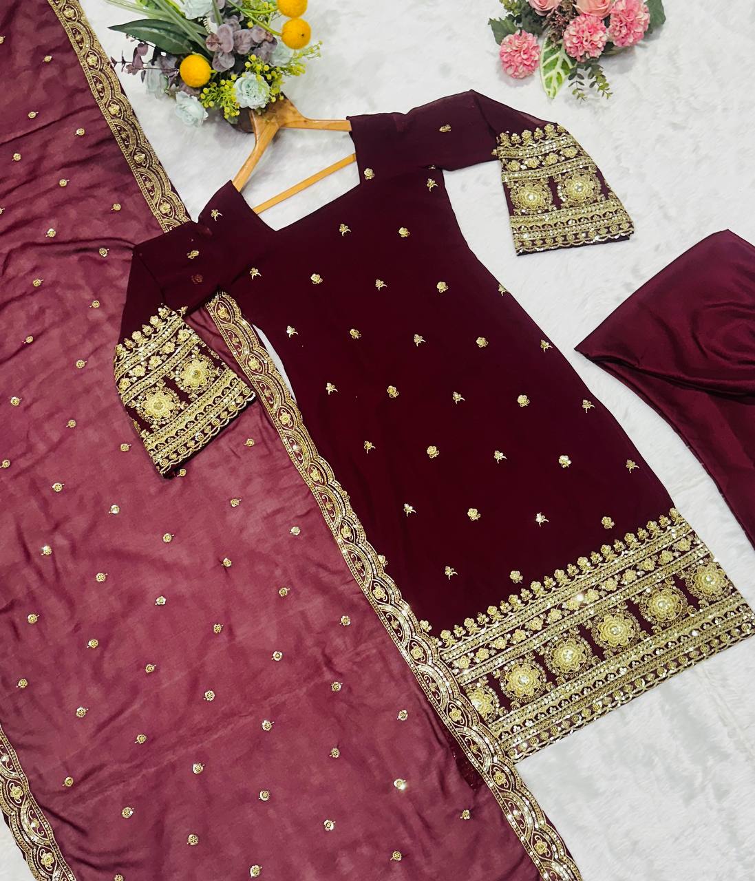 Maroon Designer Luxury Faux Blooming Suit Set with Heavy Sequins & Cording Zari Embroidery, Matching Pants and Embroidered Dupatta ClothsVilla