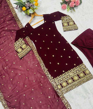Maroon Designer Luxury Faux Blooming Suit Set with Heavy Sequins & Cording Zari Embroidery, Matching Pants and Embroidered Dupatta ClothsVilla