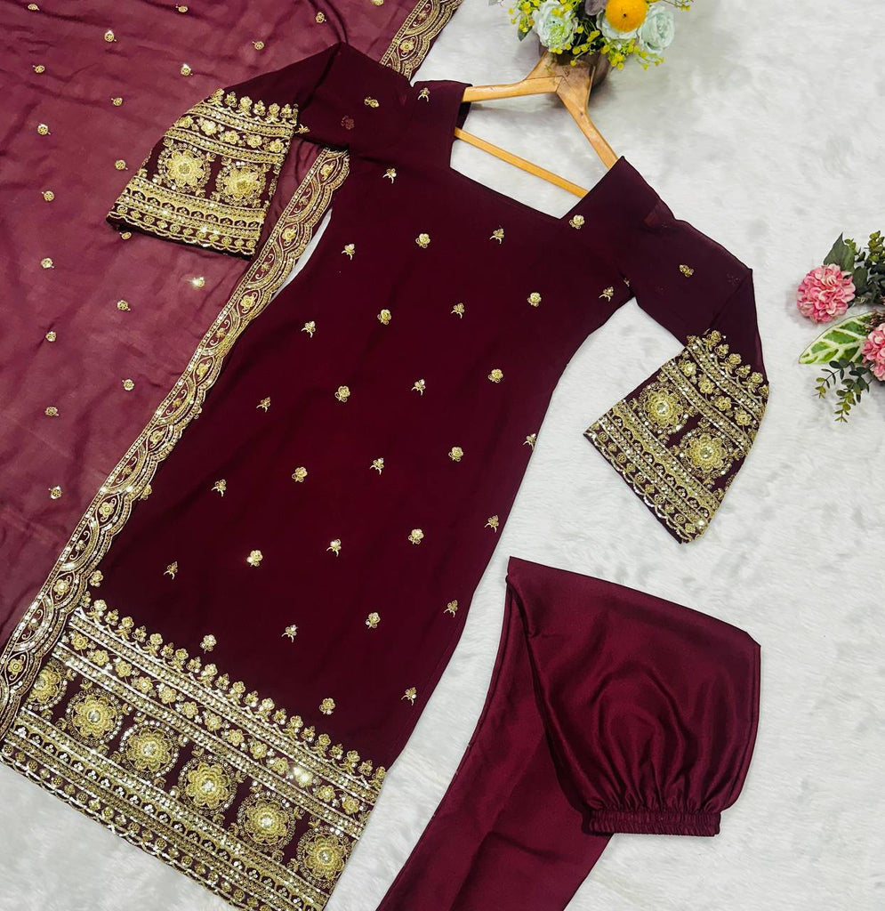 Maroon Designer Luxury Faux Blooming Suit Set with Heavy Sequins & Cording Zari Embroidery, Matching Pants and Embroidered Dupatta ClothsVilla